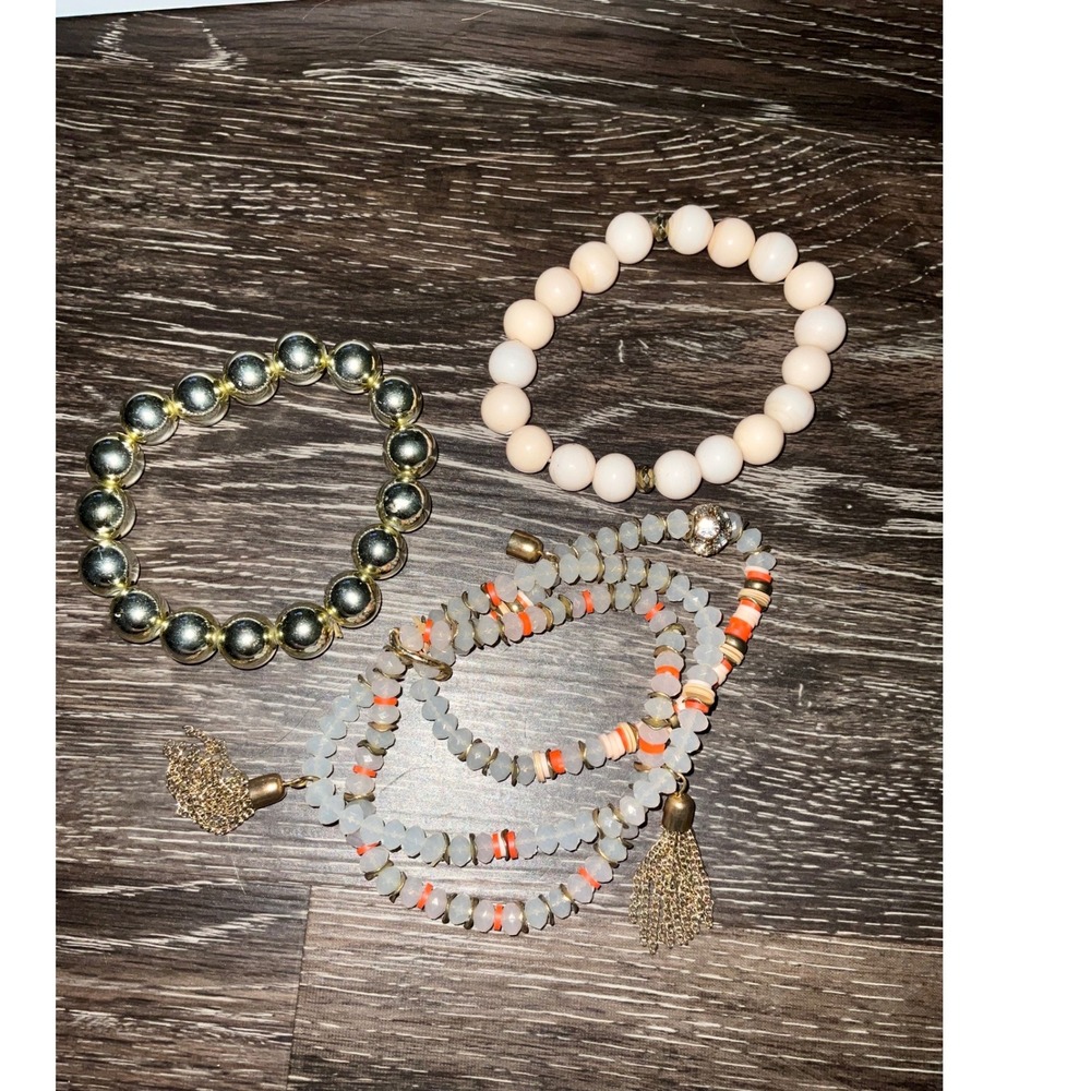 Bracelet Set 3PC Beaded Stretch Tassel Gold Tone Boho‎ Stackable